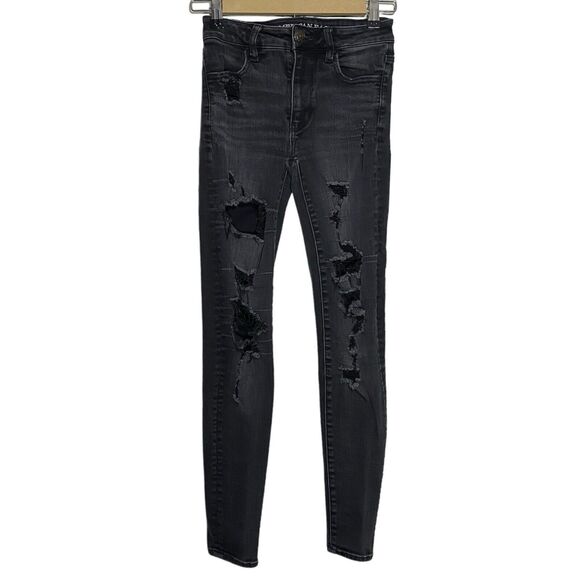 American Eagle Womens Jegging 00 Black Super Stretch X Ripped Trashed Jeans - Picture 1 of 10